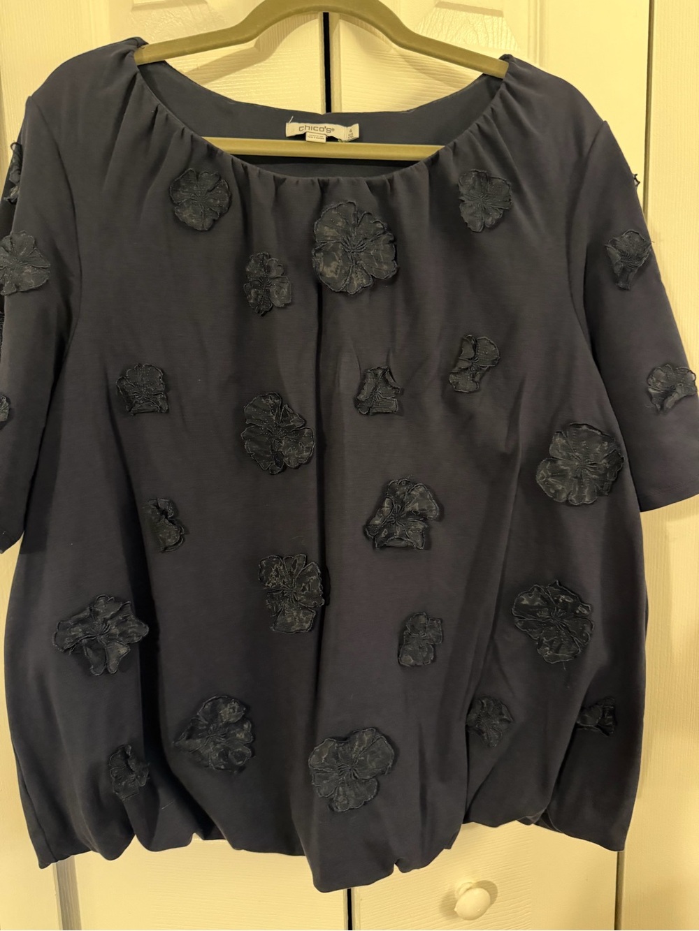 Chico's Deep Navy Floral Appliqué Bubble Hem Top